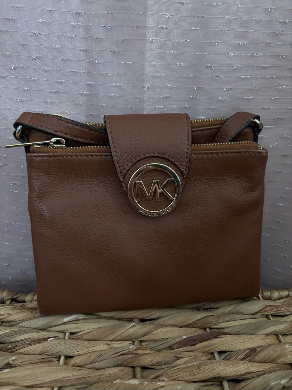 Michael Kors Chestnut Leather MK Logo Crossbody Bag